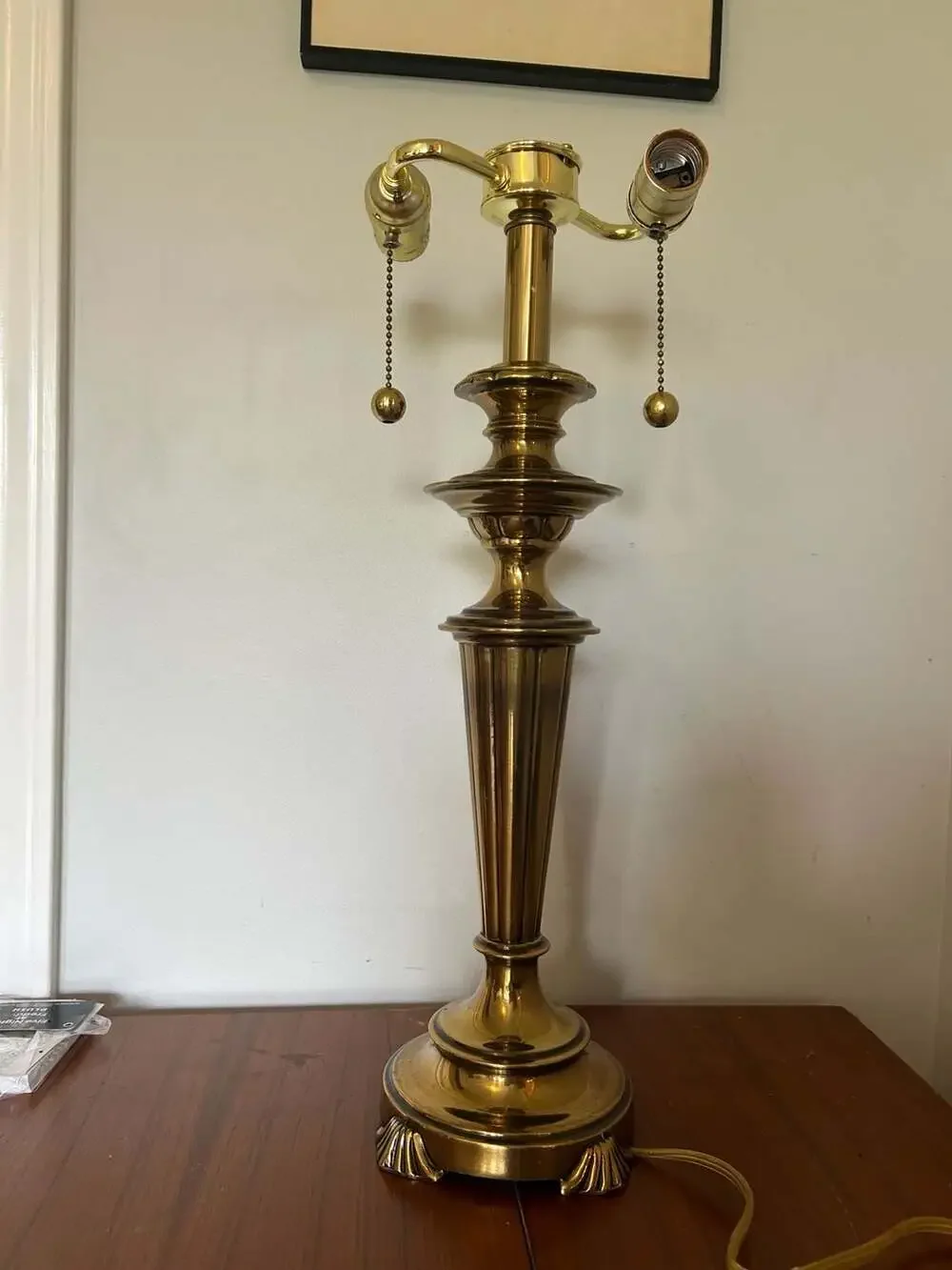 Vintage Stiffel Style Solid Brass Two-Bulb Table Lamp with Pull Chains